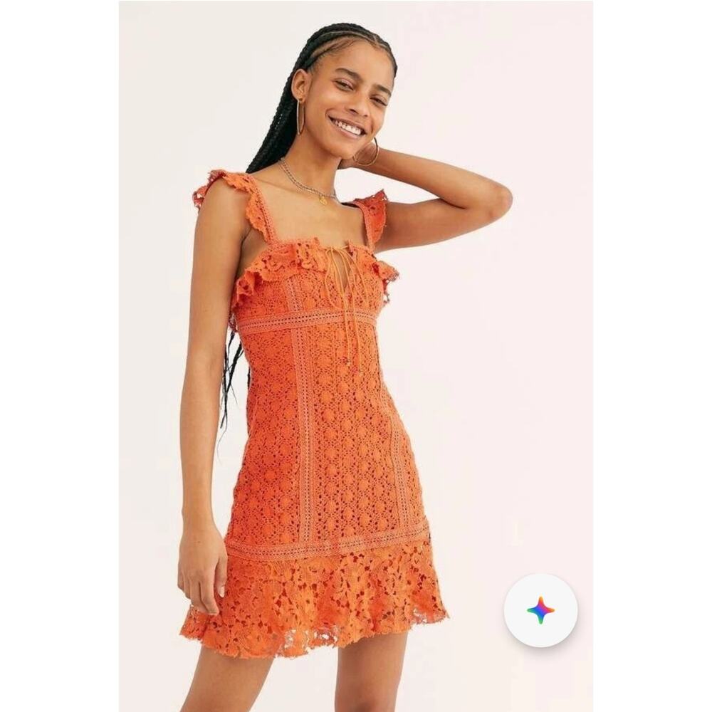Free People Bright Orange Crochet Ruffle Mini Dress